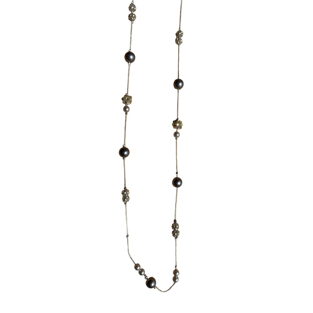 Roman RMN Long Station Necklace Grey Faux Pearl Crystal Silver Tone Layering